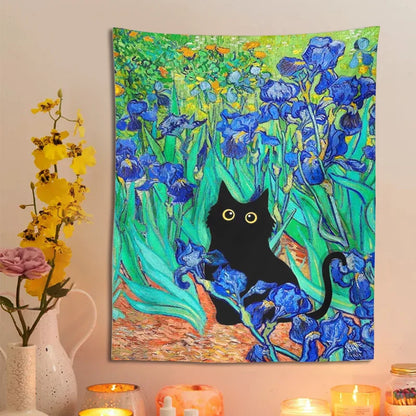 Decorbites™ Iris-Teppich mit Katze: Von Van Gogh inspirierte Kunst mit schwarzer Katze & Blumenmuster