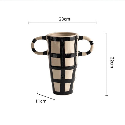 DecorBites™ Geometric Check Pattern Ceramic Vase with Handle for Home Decoration