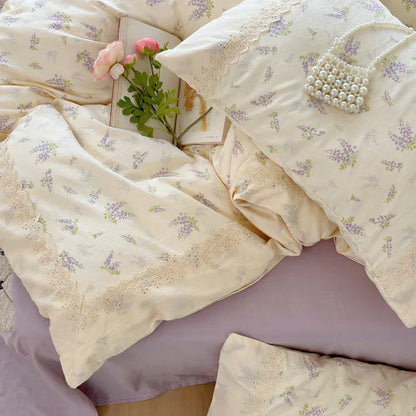Decorbites™ Lavendel-Spitzen-Bettwäsche-Set: Einzelne Queen-Größe Steppdecke, Laken, Kissenbezüge