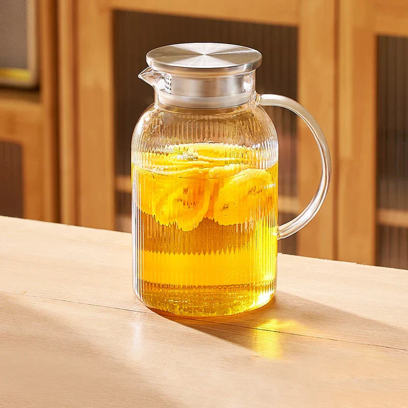 Decorbites™ Glas-Kaltwasserkessel-Set: Transparent gestreiftes Design, Edelstahl-Deckel, 1,6-Liter-Fassungsvermögen