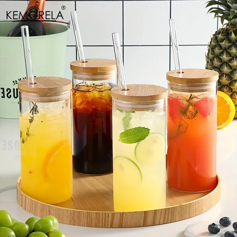 Decorbites™ 4-teiliges Set klare Glas-Tumbler-Becher mit Bambusdeckeln und Strohhalmen - 600 ml