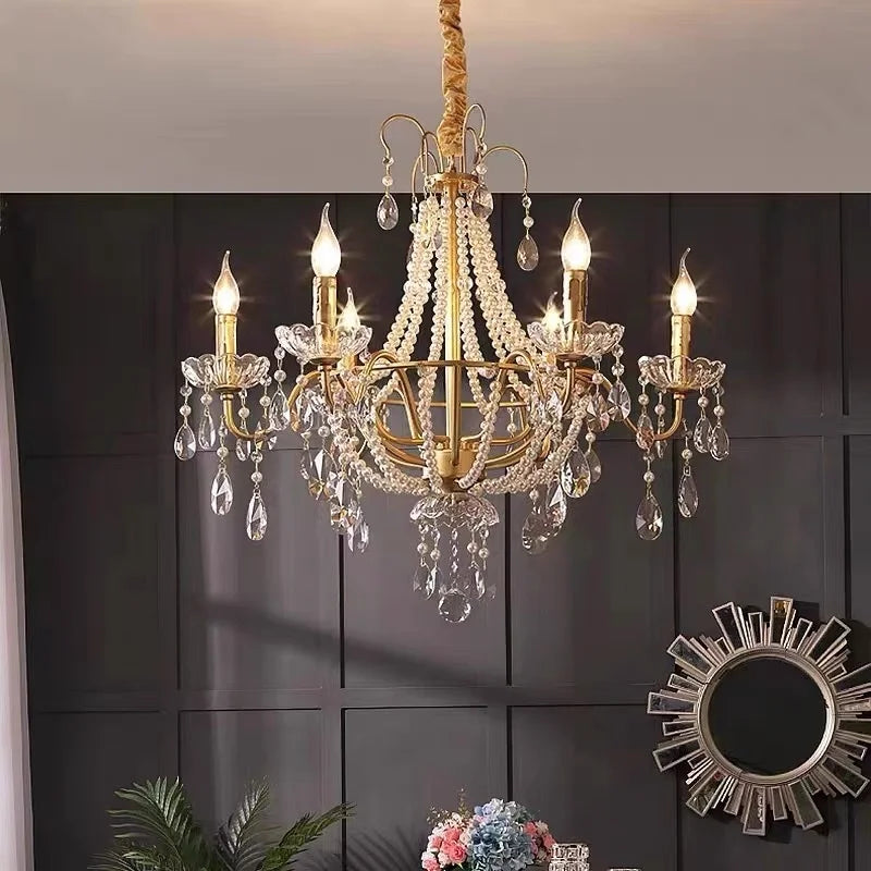 Gold Crystal Pearl Chandelier Iron D98cm