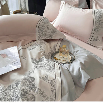 Decorbites™ Luxus-Schmetterlingsblumen-Stickerei-Bettwäsche-Set mit Steppdecke Bezug Laken Kissenbezügen 4Stk