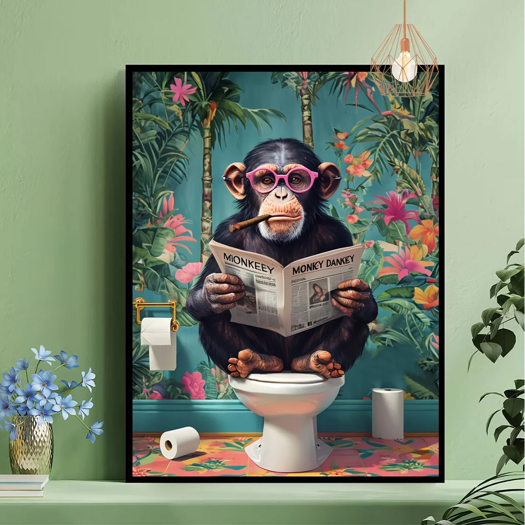 A Frameless Funny Gorilla Reading A Newspaper on The Toilet Canvas Painting for The Art Decoration of The Toilet Bathroom Wall