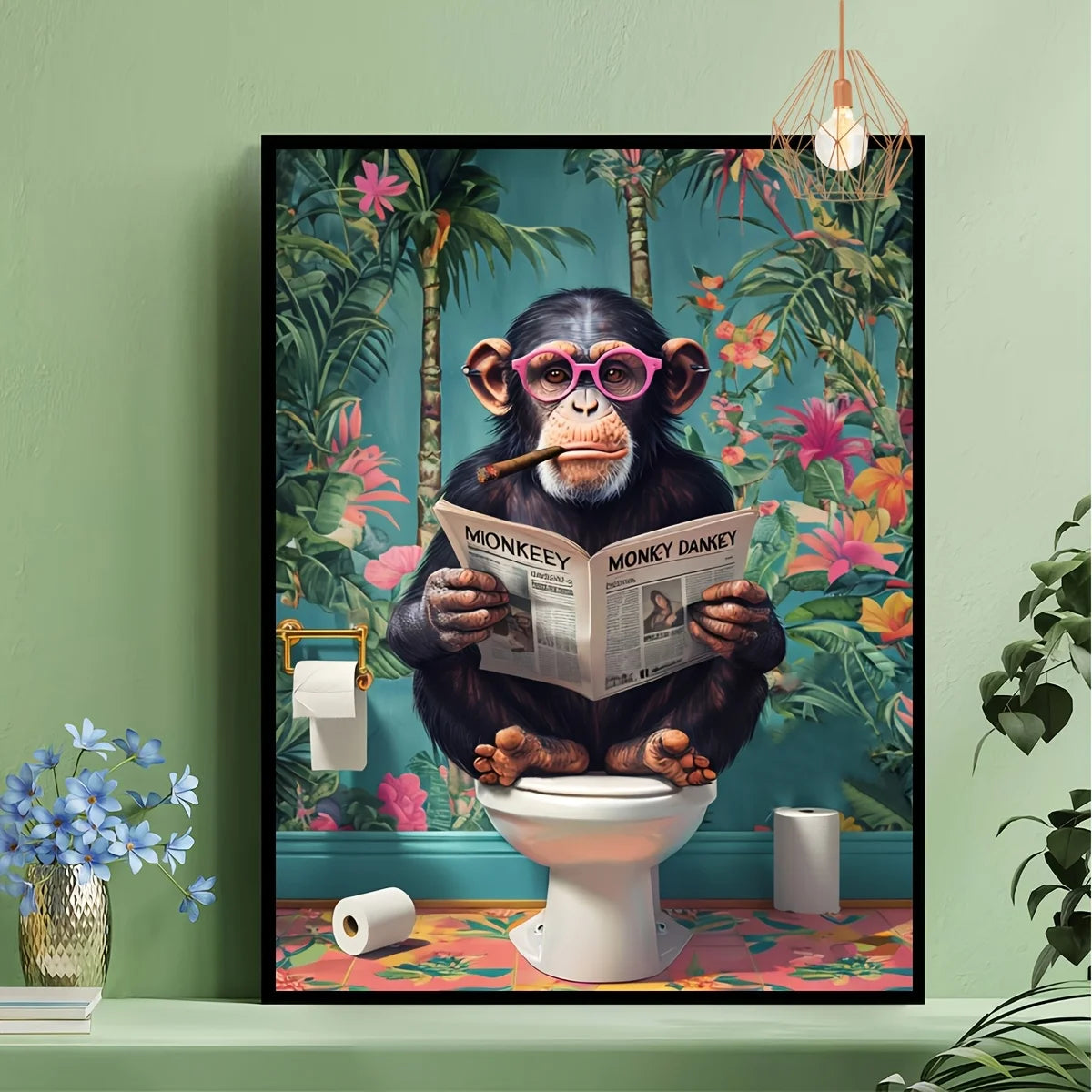 A Frameless Funny Gorilla Reading A Newspaper on The Toilet Canvas Painting for The Art Decoration of The Toilet Bathroom Wall