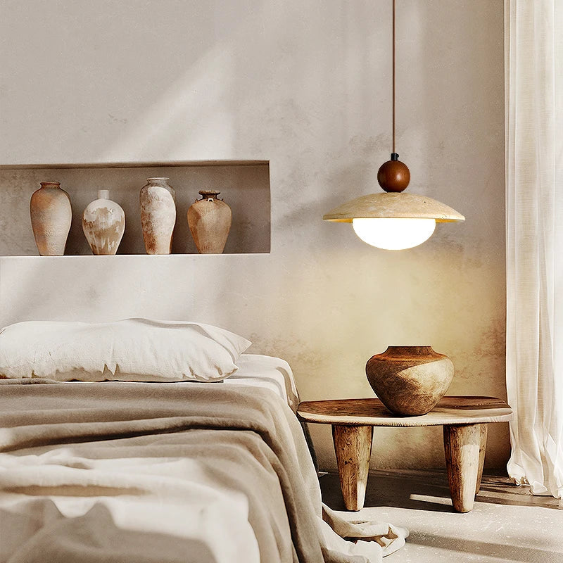 Travertine Globe Pendant Light With White Glass