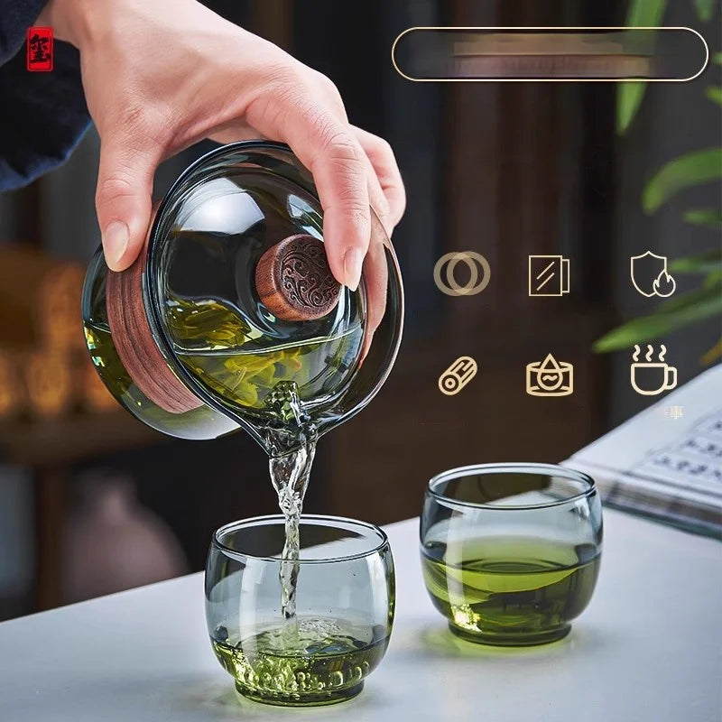 Decorbites™ Glas-Gaiwan-Tassen-Set mit Holzring, 240 ml Tee-Trennung & Filter, hitzebeständig