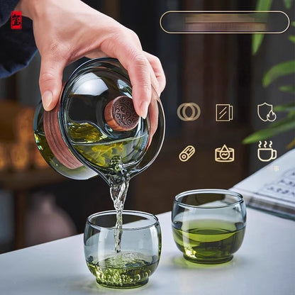 Decorbites™ Glas-Gaiwan-Tassen-Set mit Holzring, 240 ml Tee-Trennung & Filter, hitzebeständig