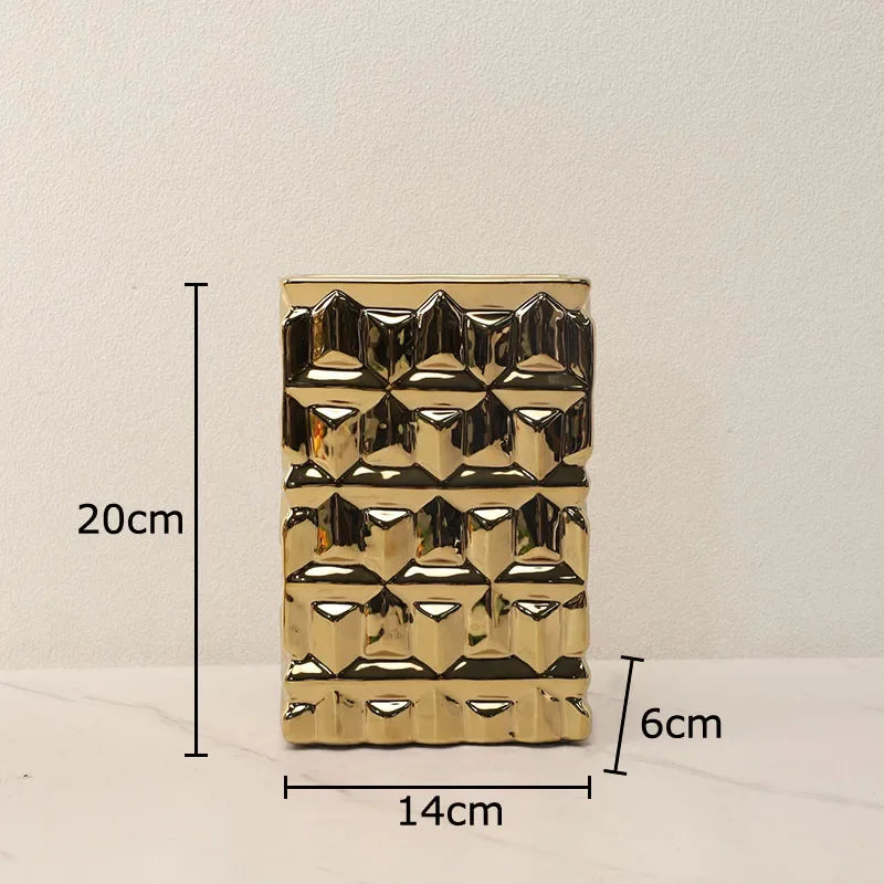DecorBites™ Goldene Quadratische Keramikvase mit Künstlichen Blumen für Ästhetische Raumdeko