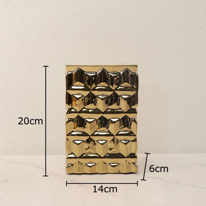 DecorBites™ Goldene Quadratische Keramikvase mit Künstlichen Blumen für Ästhetische Raumdeko