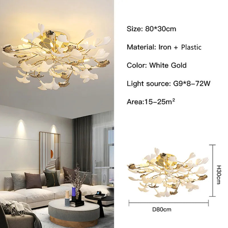 Gold Branch Chandelier With Porcelain Leaves