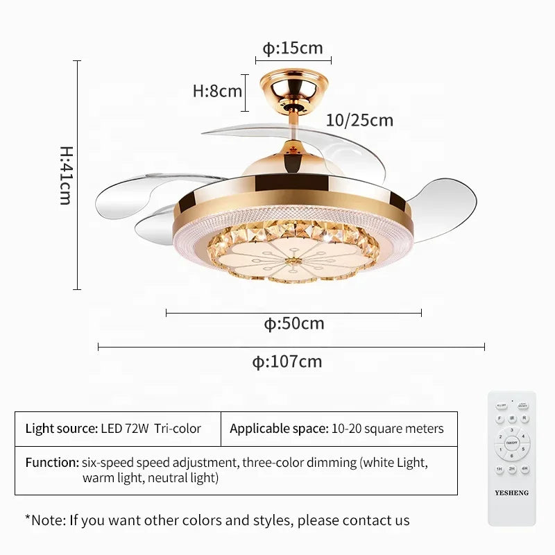 Decorbites™ Kristall Unsichtbarer Ventilator-Lampe 42-Zoll Europäischer Wohnzimmer-Deckenventilator-Kronleuchter