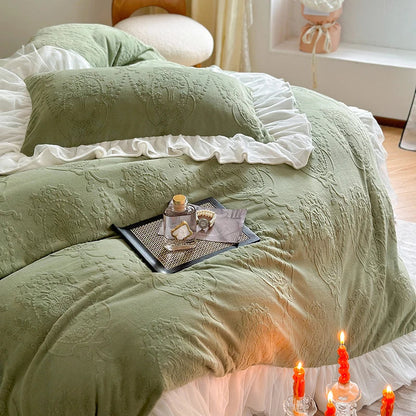 Decorbites™ Französisches Geschnitztes Samt-Spitzen-Volants-Bettwäsche-Set, Korallen-Samt-Bettbezug, Luxus-Bettlaken