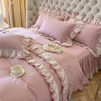 DecorBites™ Korean Princess Lace Ruffles Bedding Set in Bean Paste Pink