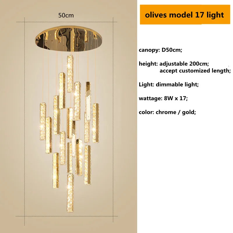 Decorbites™ Gold Chrom Stahl Kristall Anhängerleuchten mit dimmbarer LED für Villen-Treppe