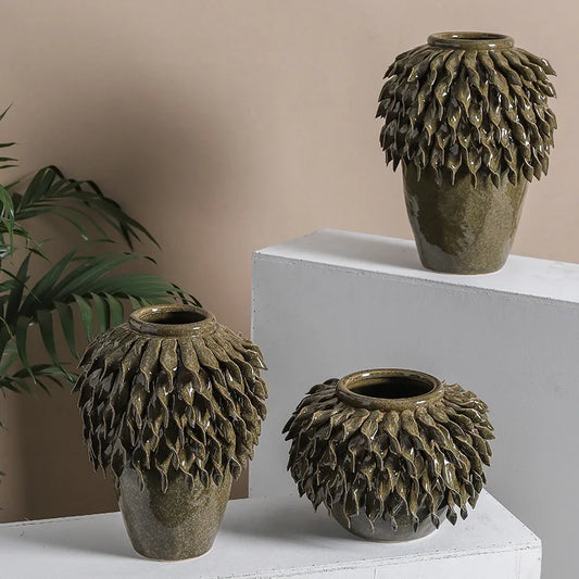 Decorbites™ Blattrelief-Keramikvase: Handgefertigter 3D-Blumenarrangement-Topf