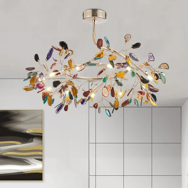 Decorbites™ Bunte Achat-LED-Kronleuchter: Blattförmige Pendelleuchte für romantisches Raumdekoration