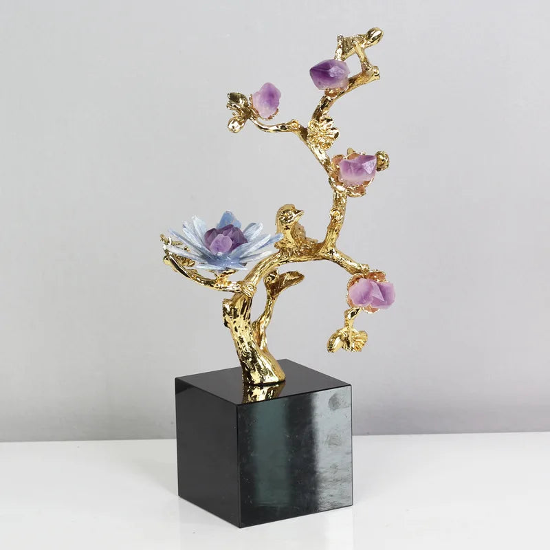 Decorbites™ Goldener Baum Kristallblüte Messing Amethyst Dekoration mit Goldenen Vogel-Figuren