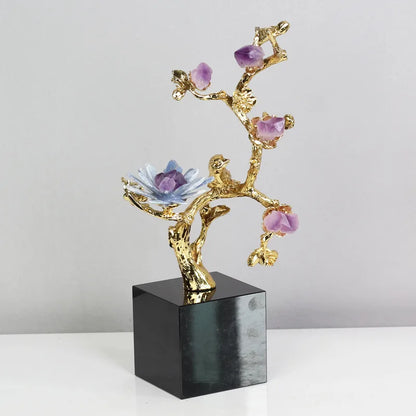 Decorbites™ Goldener Baum Kristallblüte Messing Amethyst Dekoration mit Goldenen Vogel-Figuren