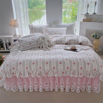 DecorBites™ French Floral Print Bedding Set: Duvet Cover, Lace Ruffles, Quilted Embroidery, Pillowcases