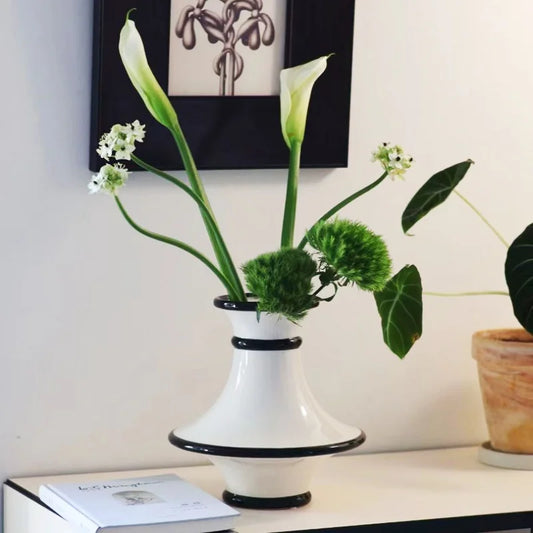 Decorbites™ Geometrische Schwarz-Weiß-Gestreifte Keramikvase für die Einrichtung zu Hause Blumenarrangement