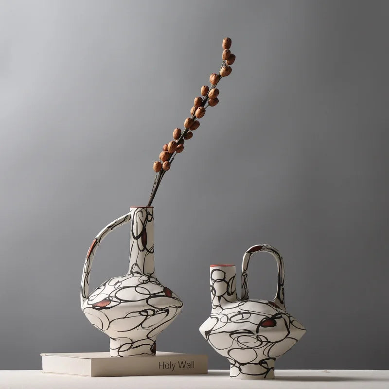 DecorBites™ Geometric Graffiti Ceramic Vase with Handles for Home Decor and Floral Arrangements.