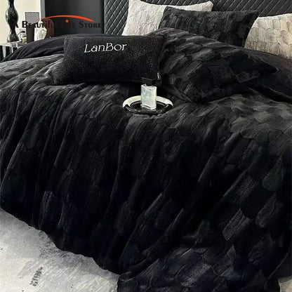 Decorbites™ Kuscheliges Kunstkaninchenfell-Bettwäsche-Set in Schwarz & Grau: Daunendecke, Laken, Kissenbezüge