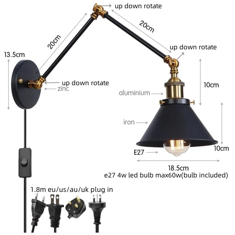 Decorbites™ Industrielles Loft-LED-Wandleuchte Schwarz Vintage Schwingarm-Spiegel-Licht