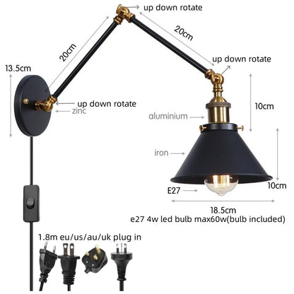 Decorbites™ Industrielles Loft-LED-Wandleuchte Schwarz Vintage Schwingarm-Spiegel-Licht