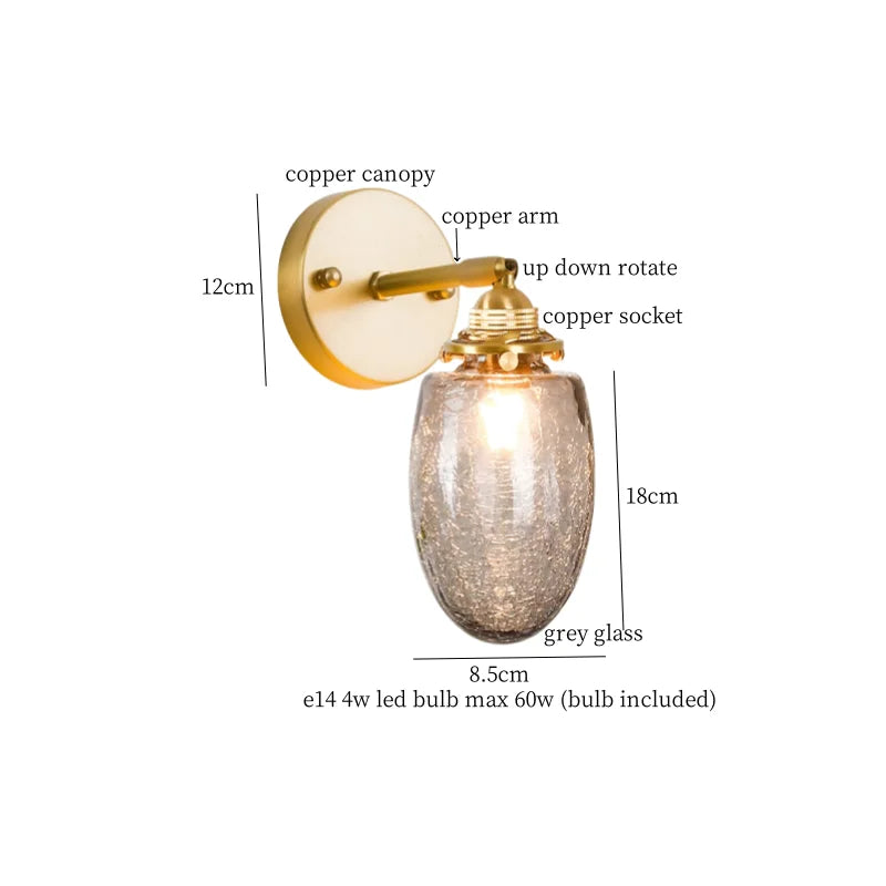Decorbites™ Graue Glas LED Wandlampe Schlafzimmer Wohnzimmer Loft Modern Kupfer Wandlampe