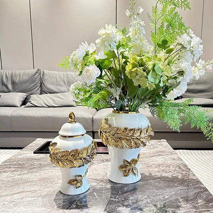 Decorbites™ Goldene Blätter Keramik Blumentopf mit handgeprägten Blumen für Blumenarrangements