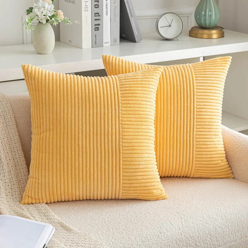 DecorBites™ Corduroy Striped Patchwork Throw Pillow Covers Set, Farmhouse Style Yellow Classic Pillowcases