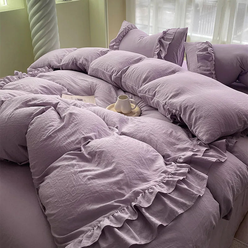 DecorBites™ Korean Princess Ruffles Bedding Set - Soft Microfiber, Duvet Cover Pillowcases - All Sizes