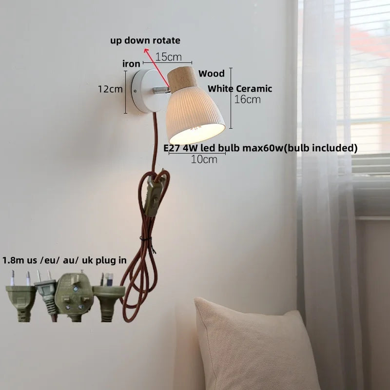 DecorBites™ LED Wall Lights Wood White Ceramic Rotate, Living Room Bedside Lamp