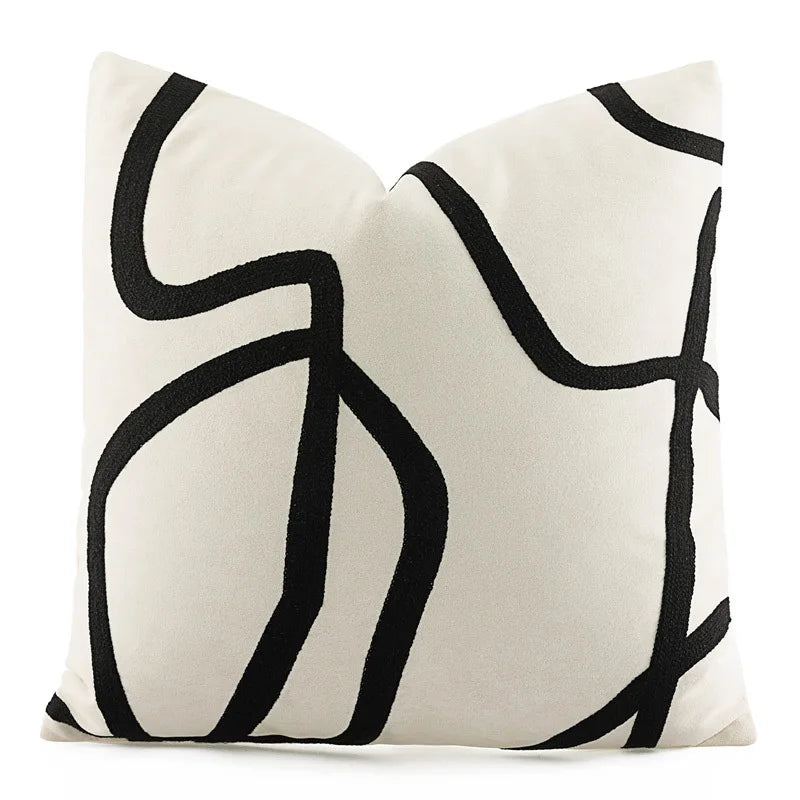 DecorBites™ Geometric Line Embroidered Pillowcase in Black White Beige Suede Canvas