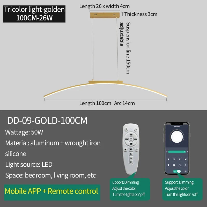 Modern Curved Bridge LED Pendant Light in Black or Gold