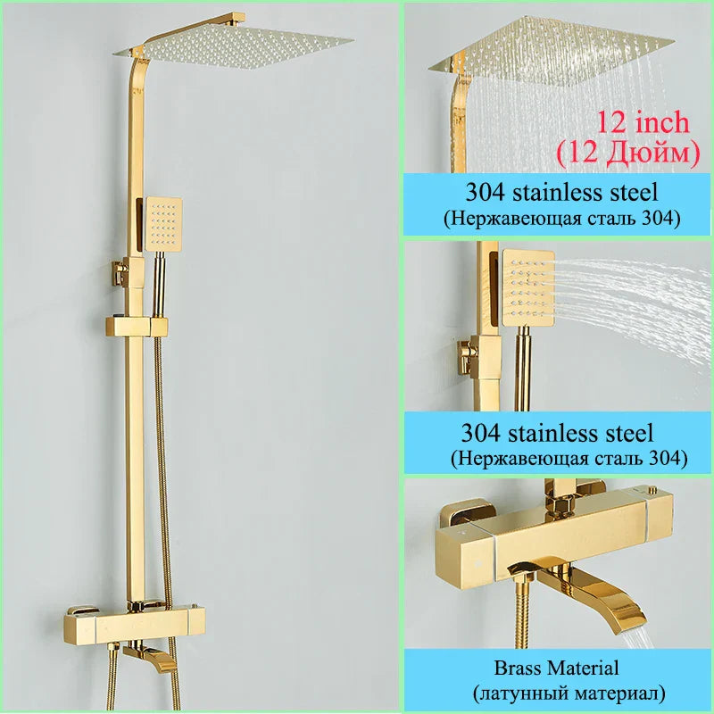 Decorbites™ Golden Thermostatisches Duscharmatur-Set mit Regendusche-Säule und 3-Wege-Mischer
