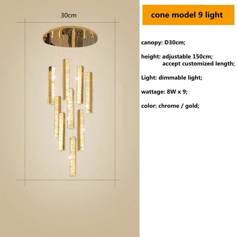 Decorbites™ Gold Chrom Stahl Kristall Anhängerleuchten mit dimmbarer LED für Villen-Treppe