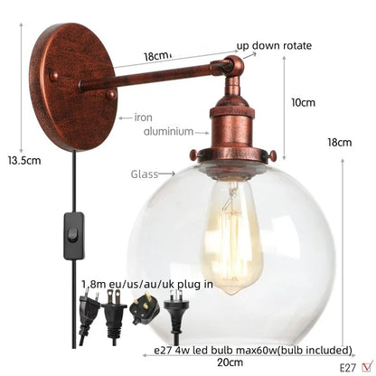 Decorbites™ Glasgloben-LED-Wandleuchte Modern Industrie Rustikal Vintage Nachttischlampe