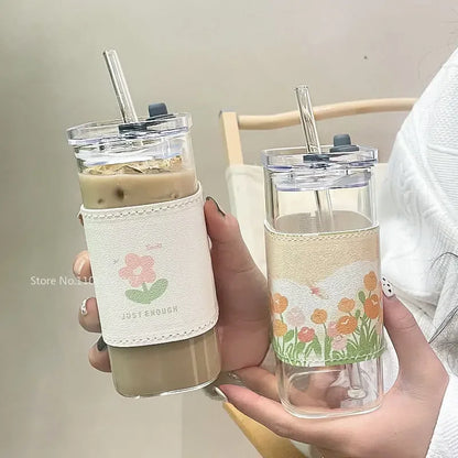 Decorbites™ hitzebeständiger Glasbecher mit Deckel und Trinkhalm für Kaffee, Milch, Tee, Saft