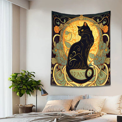 DecorBites™ Black Cat Tapestry Wall Hanging Art Nouveau Floral Boho Decor