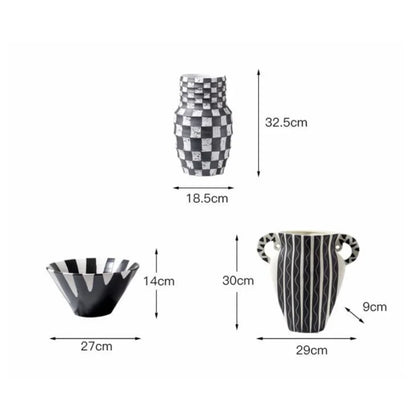Decorbites™ Schwarzes Karo Geometrisches Gestreiftes Keramikvasen - Handgefertigter Blumenarrangement-Topf