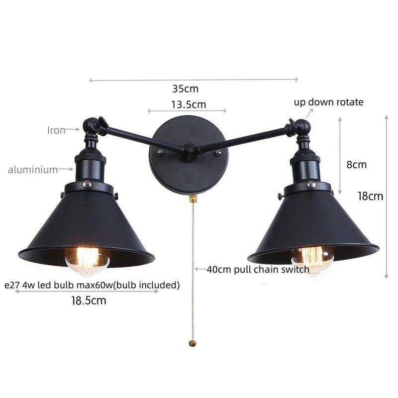 Decorbites™ Industrielle Vintage LED Wandlampe 2 Köpfe Gold Eisen Loft Wandlampen