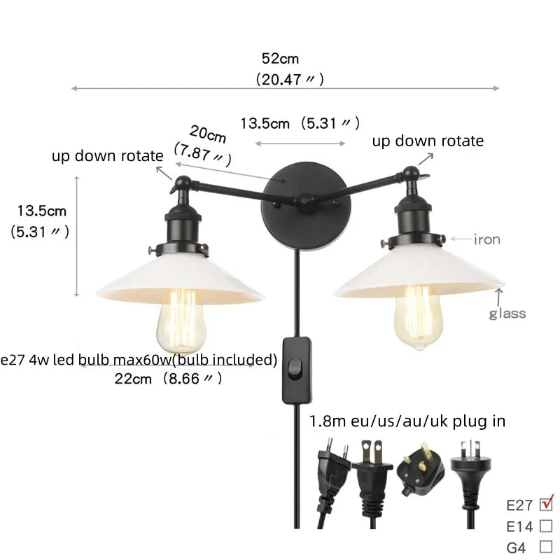 DecorBites™ Industrial LED Wall Light Fixture with Pull Chain Switch, 2 Heads Bedside Lamp