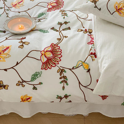 Decorbites™ Baumwoll-Bohemia-Blumen-Stickerei 4-teiliges Bettwäsche-Set Vintage-Duvet-Cover King Queen