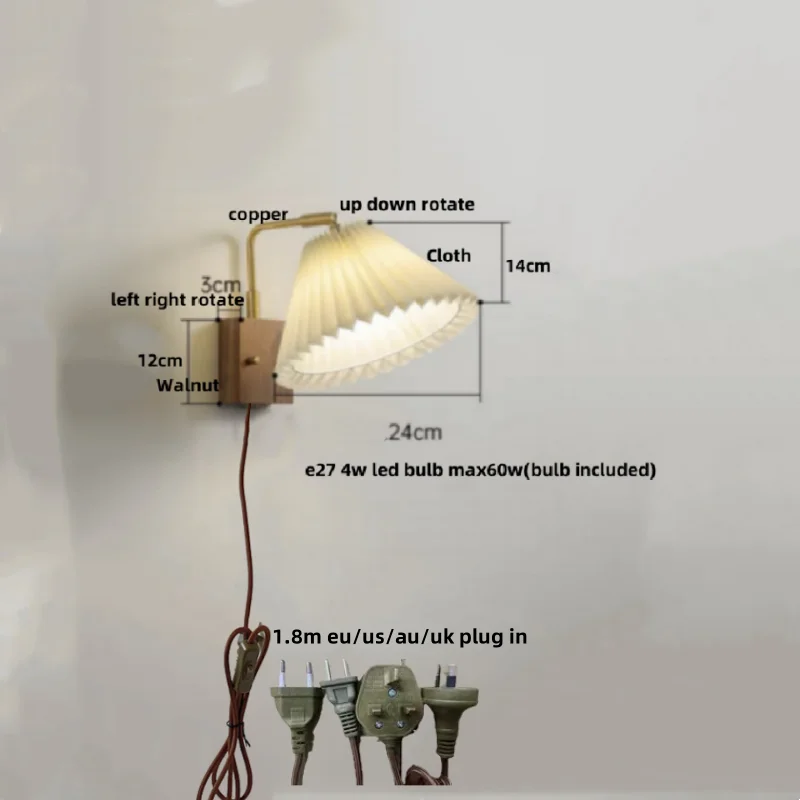 Decorbites™ LED-Wandleuchte aus Walnussholz, drehbar, Kupfer-Nachttischlampe