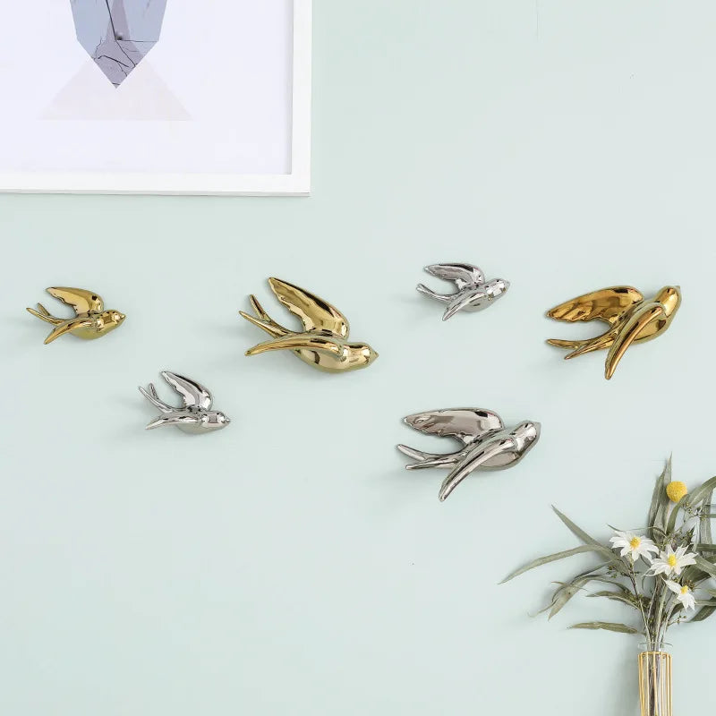 Decorbites™ Goldener Vogel-Schwalben-Skulptur Wanddekoration Dreidimensionale Handwerkskunst