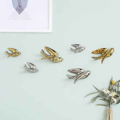 Decorbites™ Goldener Vogel-Schwalben-Skulptur Wanddekoration Dreidimensionale Handwerkskunst
