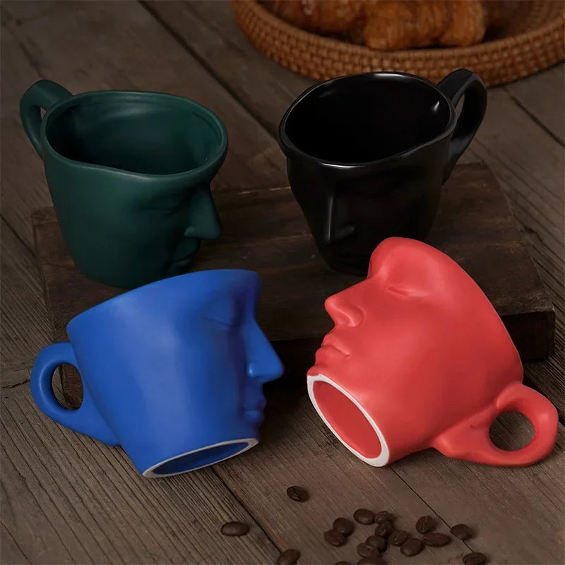 DecorBites™ Frosted Ceramic Face Mug Set: Cup, Saucer, Spoon for Coffee, Tea, Milk