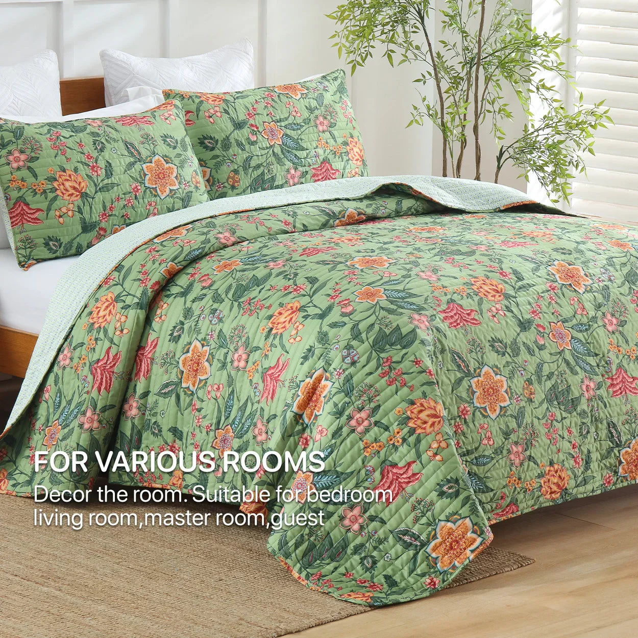 Decorbites™ Grünes Blumenmuster-Bettwäsche-Set 3-teilig, überdimensioniert mit Kissenbezügen